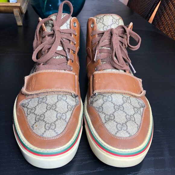 Gucci GG Canvas Leather High Top Sneakers – Brown Monogram – 245310 9.5G US 10.5 - Picture 4 of 11